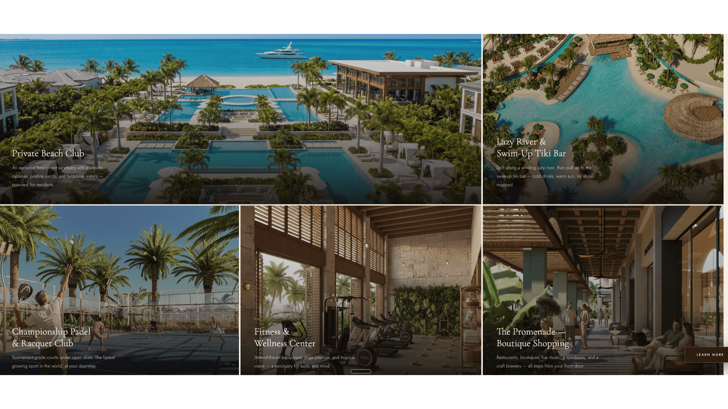 Marketing site amenities grid with resort photography