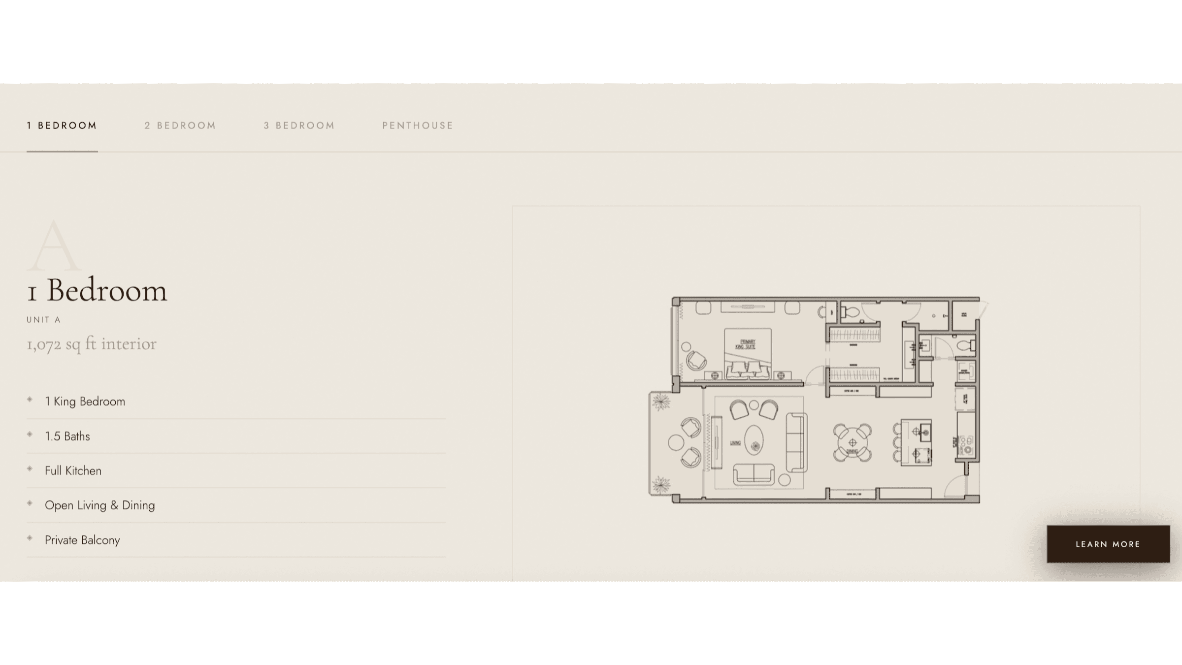 Residence floor-plan detail page, on-brand end to end