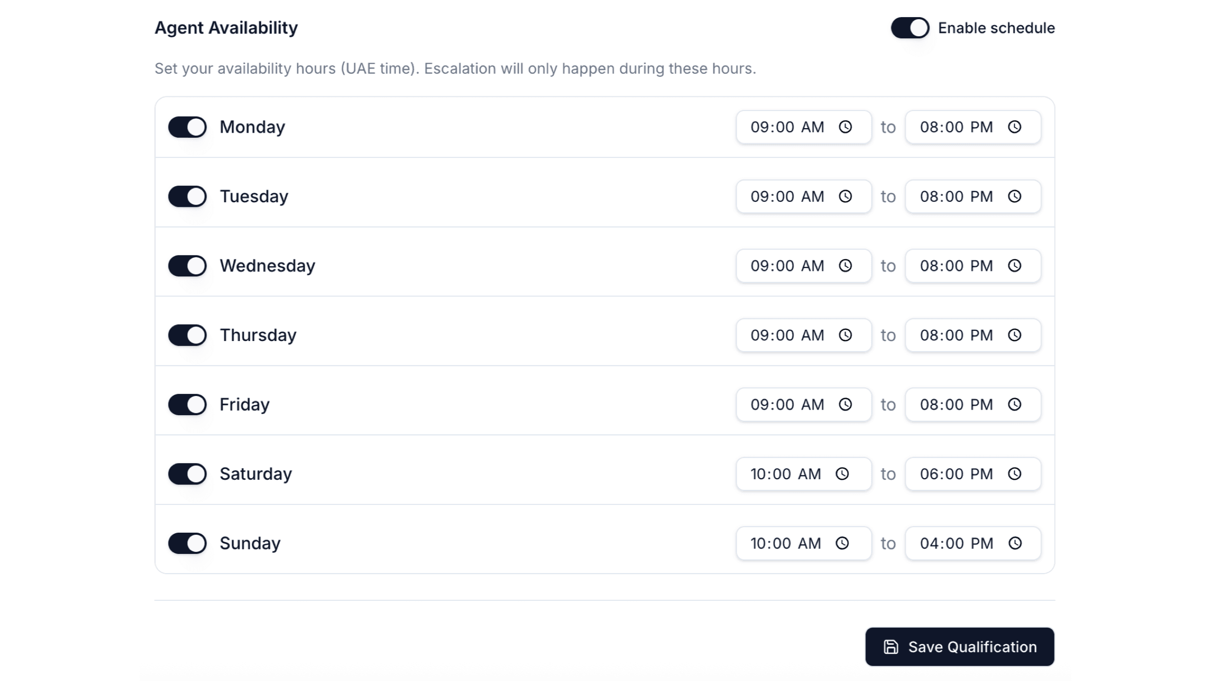 Per-client agent availability and escalation hours
