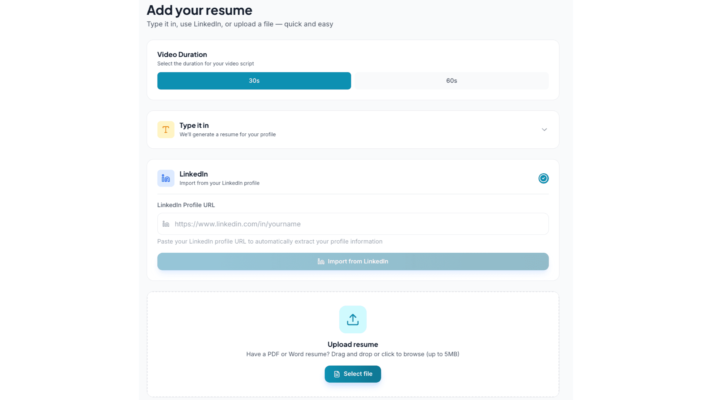 Resume ingestion with LinkedIn import and video duration
