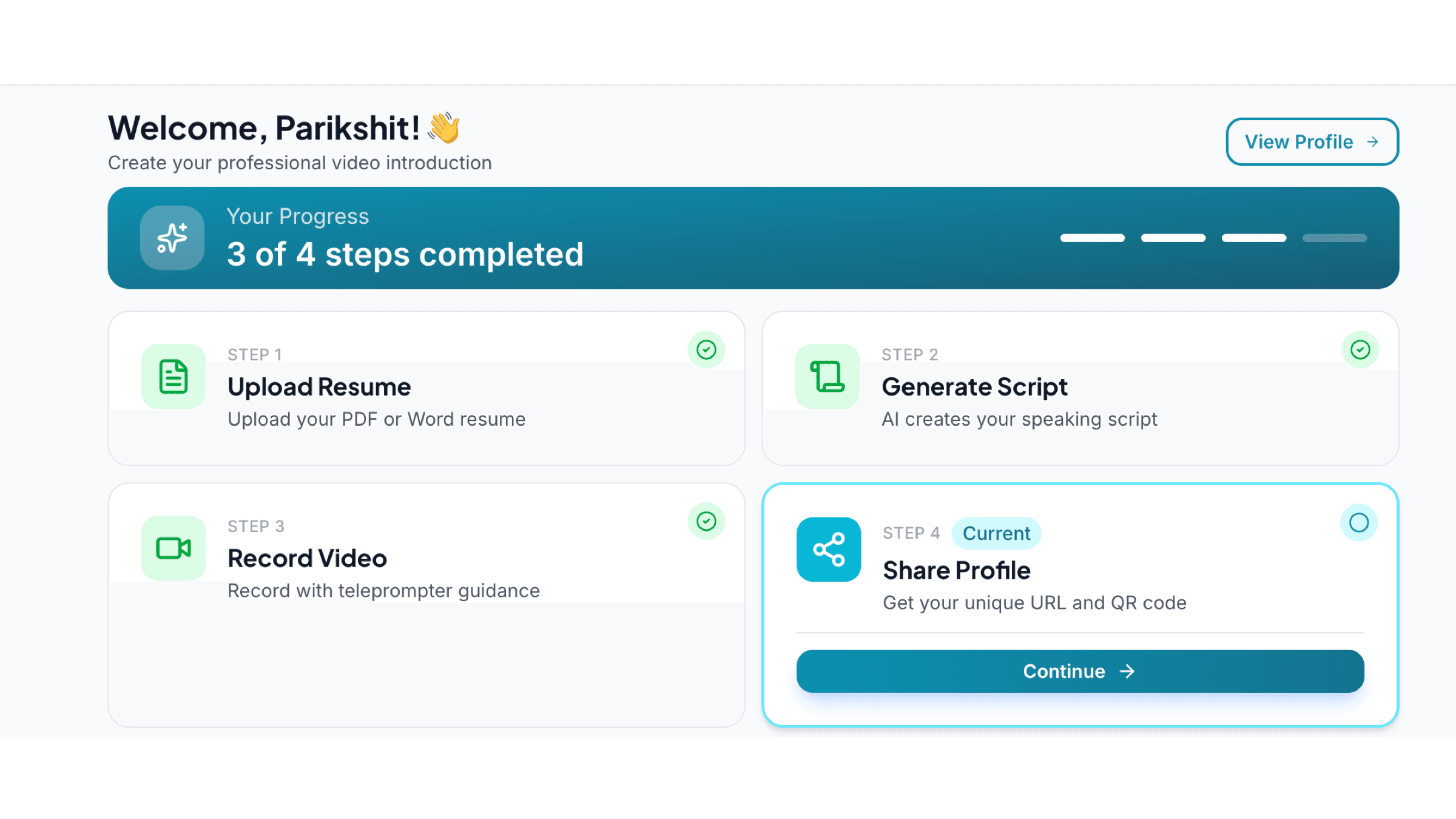 Candidate onboarding — four steps to a shareable profile